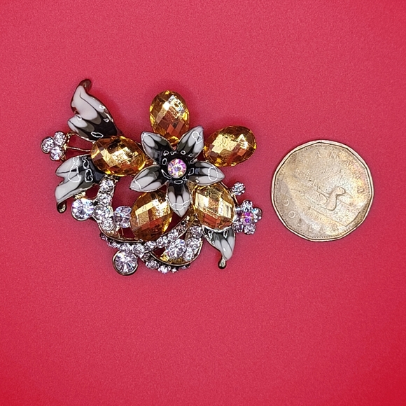 Flower Pattern Vintage White and Orange Rhinestones Brooch Pin - Picture 4 of 7